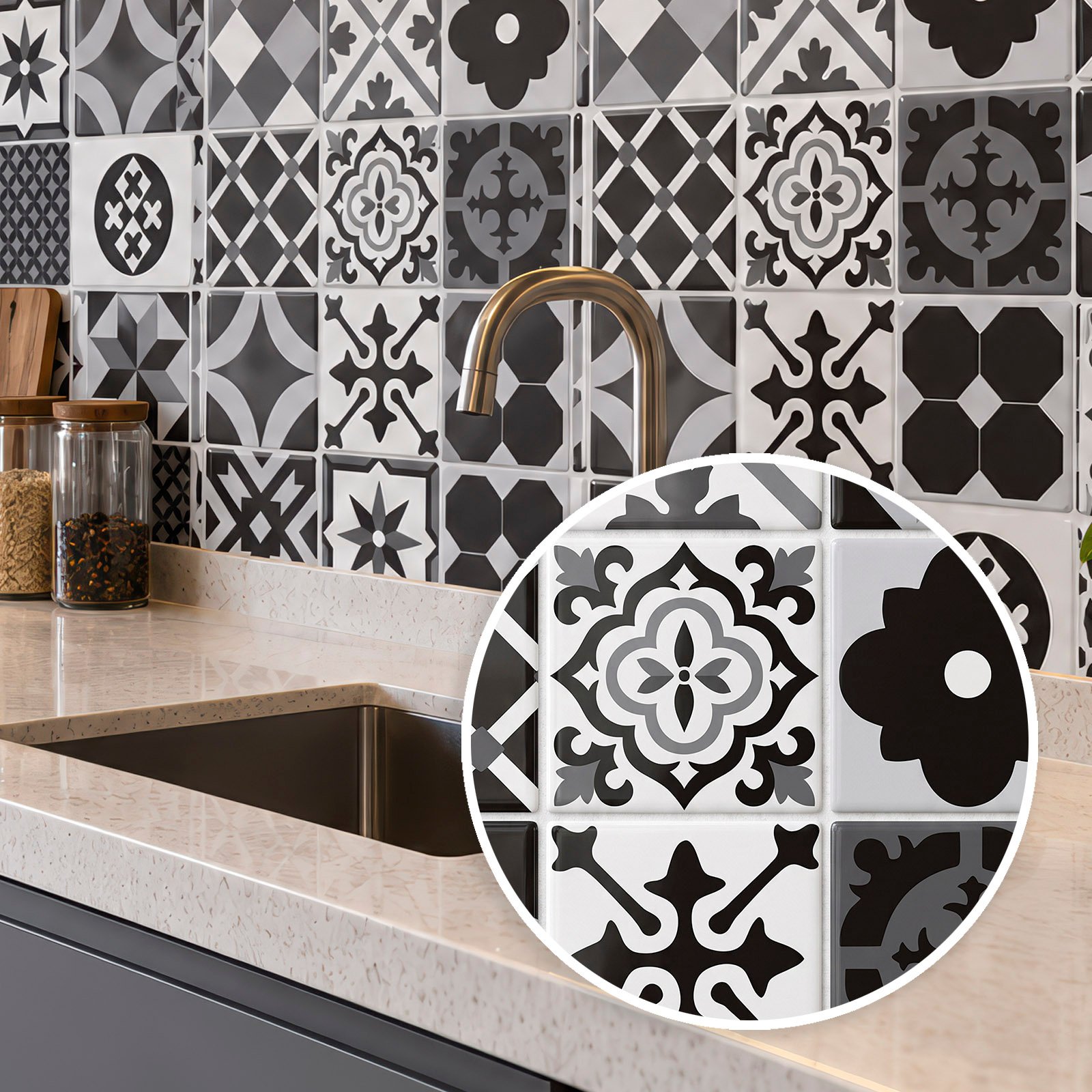 Adesivo de azulejo vintage Preto Cinza