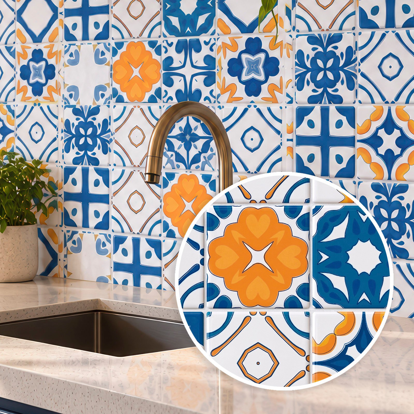 Adesivo de azulejo vintage Azul Laranja